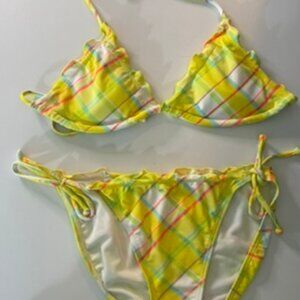 Women's Old Navy 2 Piece Yellow Plaid/ Print Bikini with ruffle Size S EUC